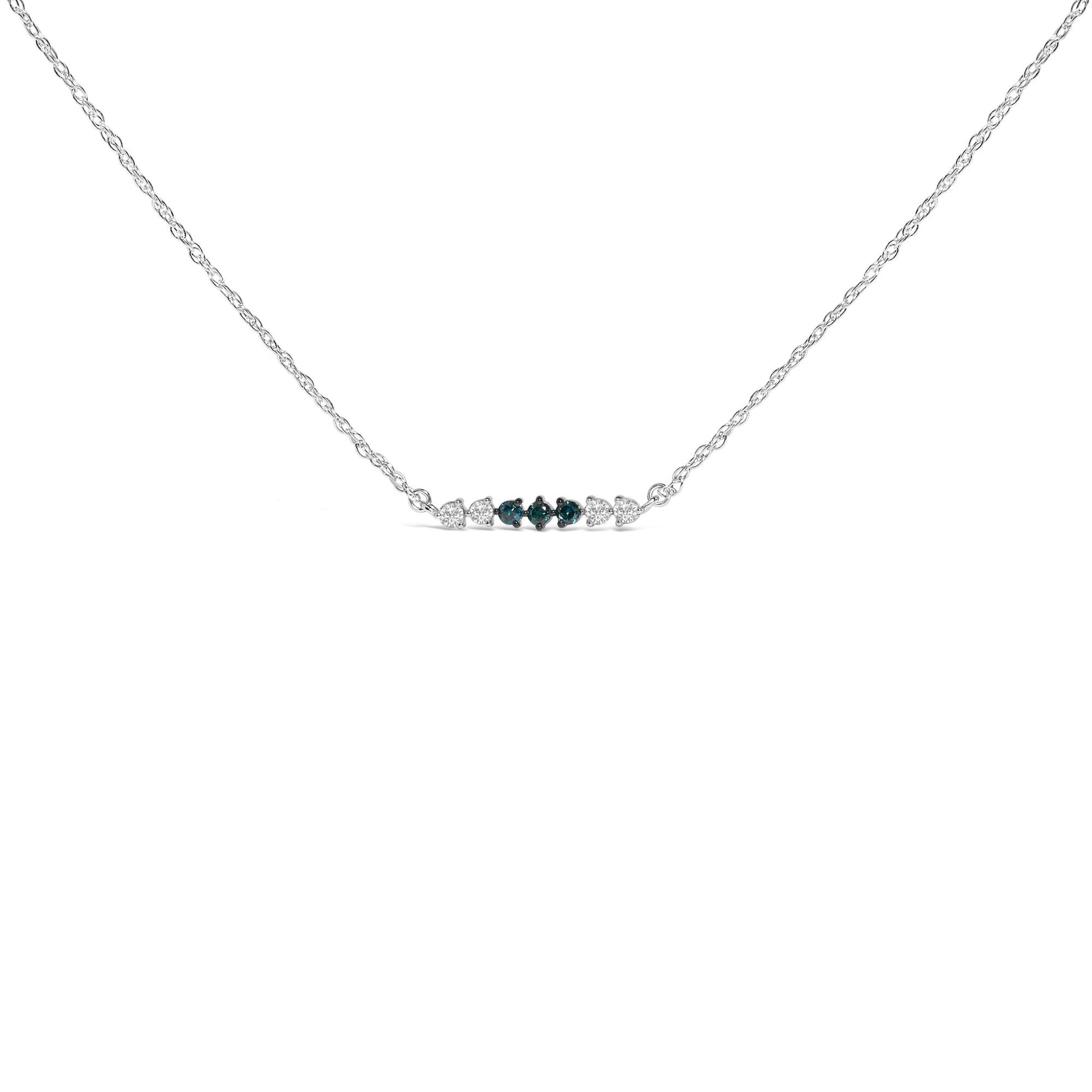 Sterling Silver 1/5 Cttw White and Blue Diamond 6 Stone Bar Necklace