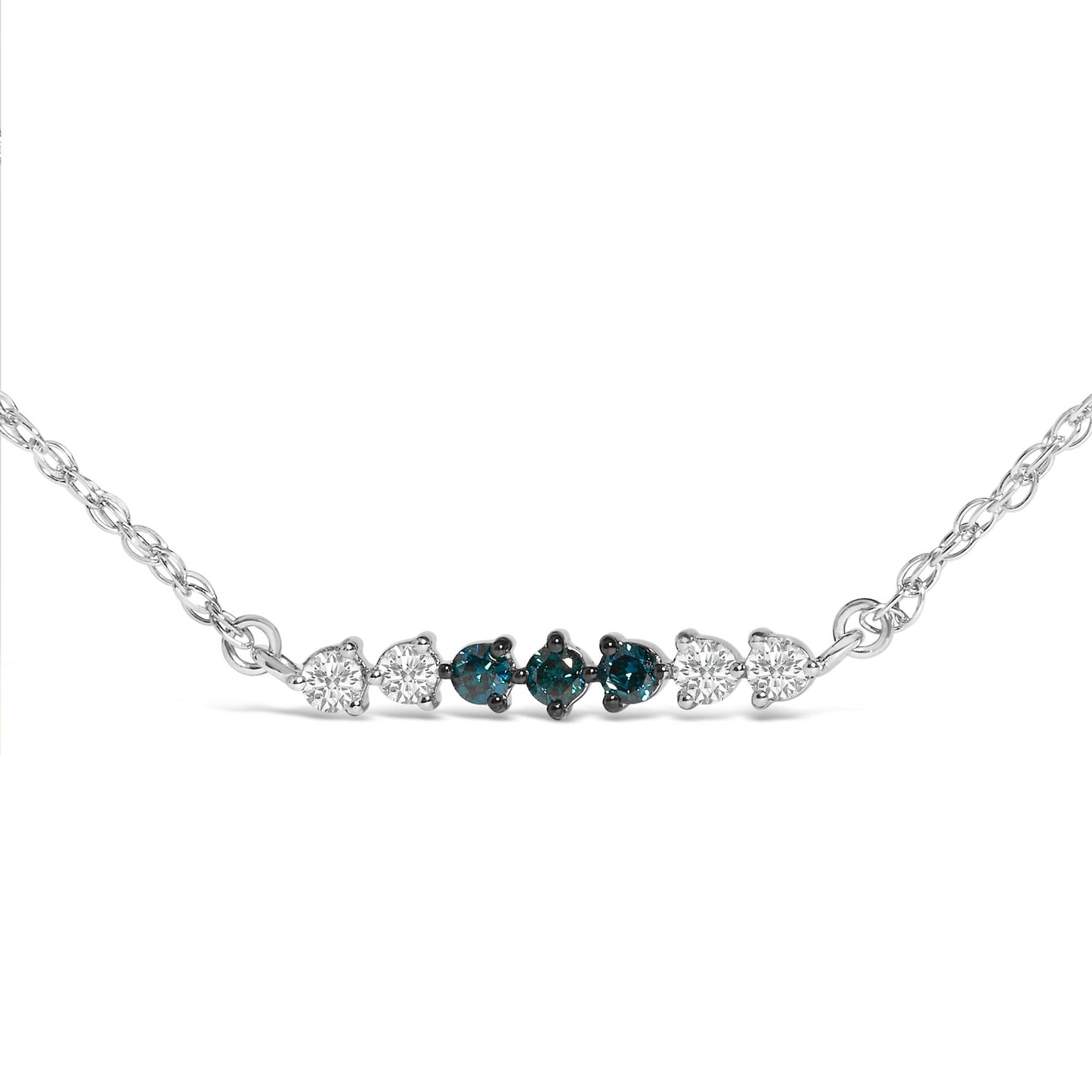 Sterling Silver 1/5 Cttw White and Blue Diamond 6 Stone Bar Necklace