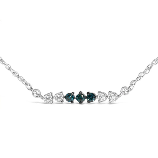 Sterling Silver 1/5 Cttw White and Blue Diamond 6 Stone Bar Necklace