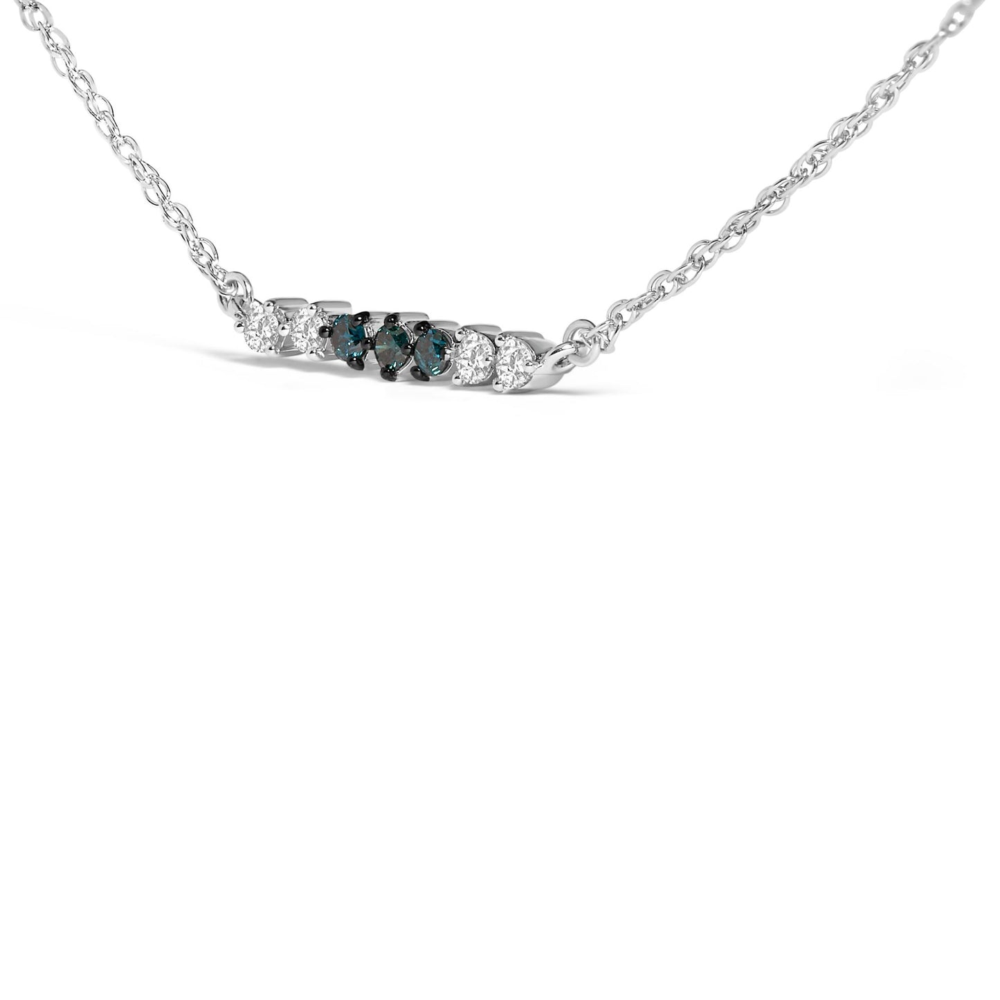 Sterling Silver 1/5 Cttw White and Blue Diamond 6 Stone Bar Necklace