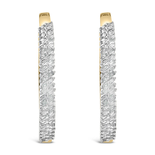 Pair of elongated hoop earrings shown from the front angle, featuring intertwined yellow and white metal with rows of small white baguette-shaped gemstones in prong settings on the white metal section.