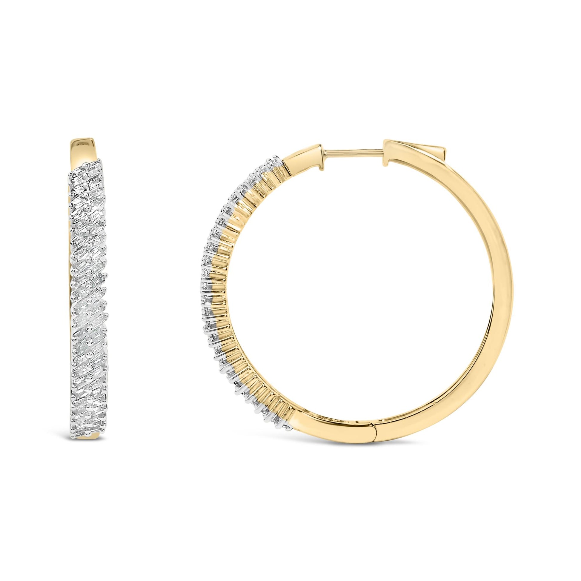 Two yellow and white metal hoop earrings with prong-set white baguette-shaped gemstones, shown from front and side angles on a white background.
