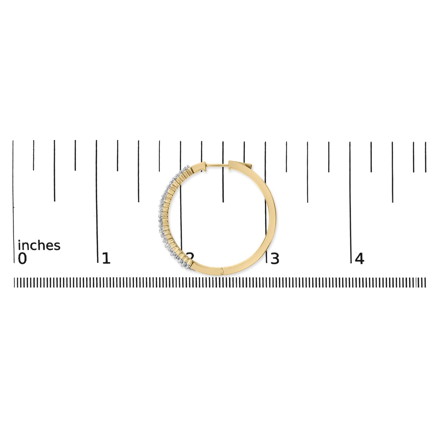 Close-up front view of a single yellow and white hoop earring with white baguette-shaped gemstones set along half of the outer edge, shown on a ruler scale.