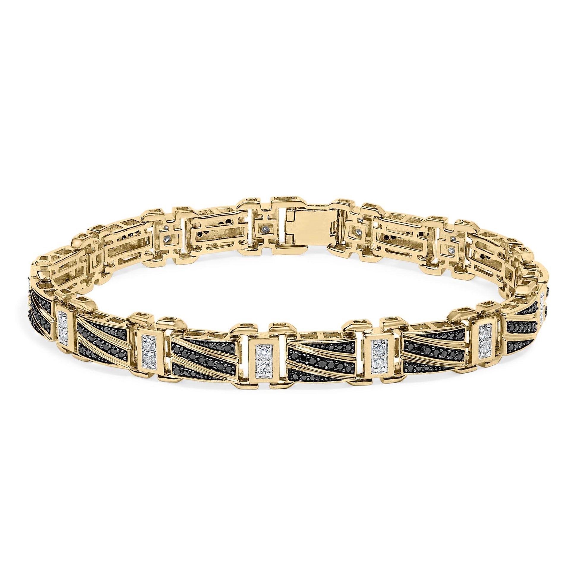 Yellow, white, and black metal bracelet with a geometric link design featuring black pave-set round gemstones and white round gemstones in shared prong settings, shown from a slightly angled top view on a white background.
