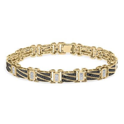Yellow, white, and black metal bracelet with a geometric link design featuring black pave-set round gemstones and white round gemstones in shared prong settings, shown from a slightly angled top view on a white background.