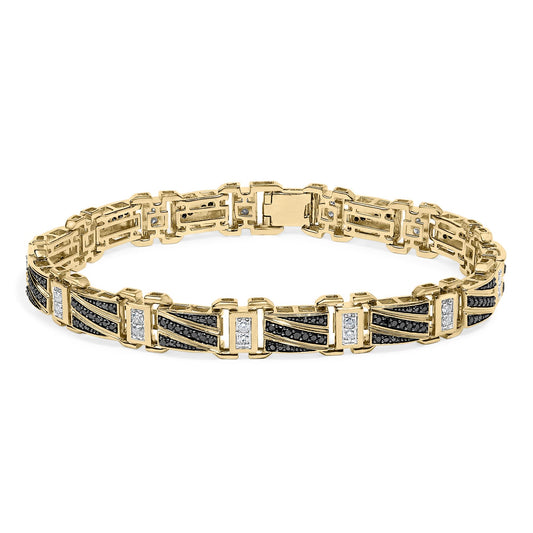 Yellow, white, and black metal bracelet with a geometric link design featuring black pave-set round gemstones and white round gemstones in shared prong settings, shown from a slightly angled top view on a white background.