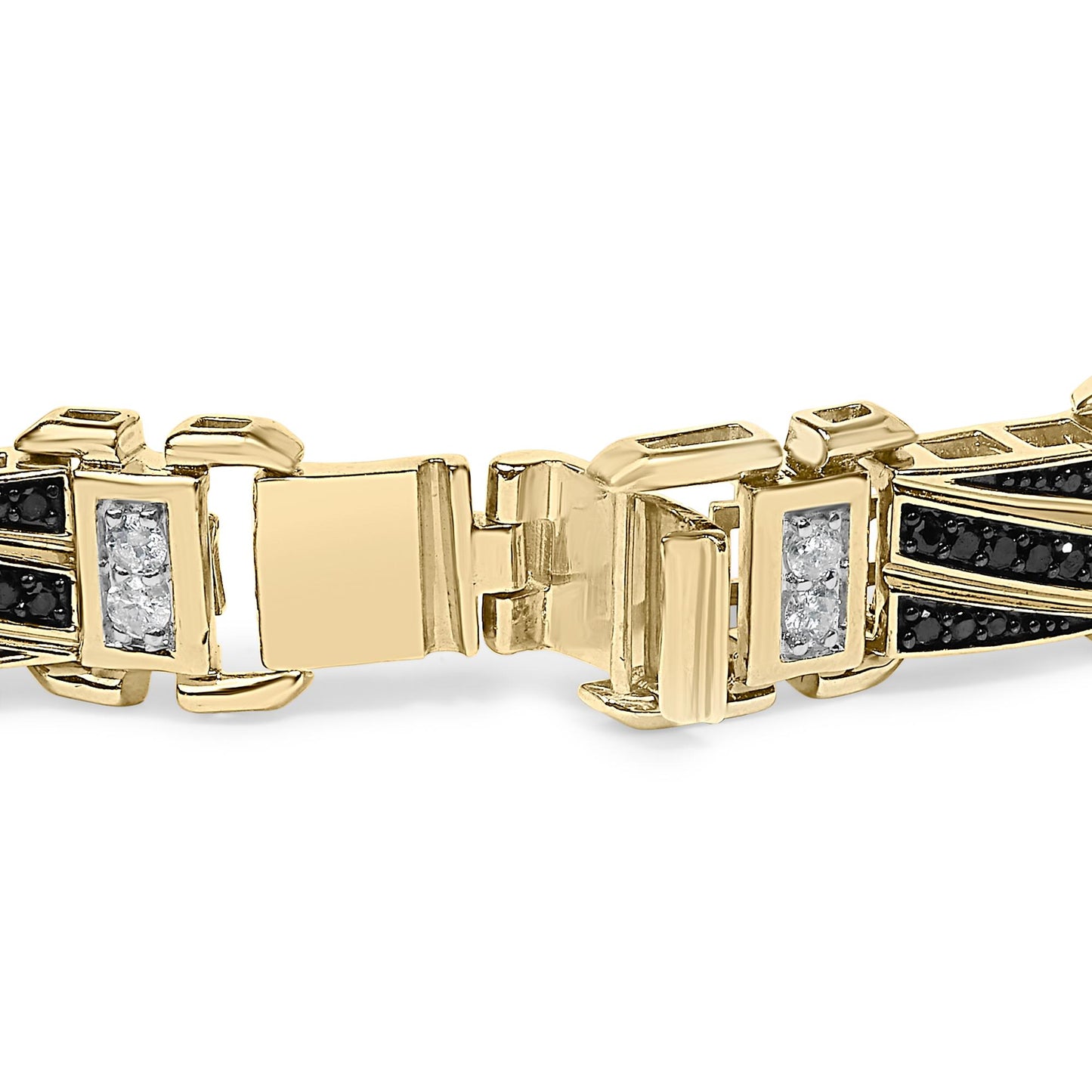 Close-up, front angle of an open bracelet clasp featuring yellow metal with rectangular sections studded with black and white round gemstones in pave and shared prong settings.