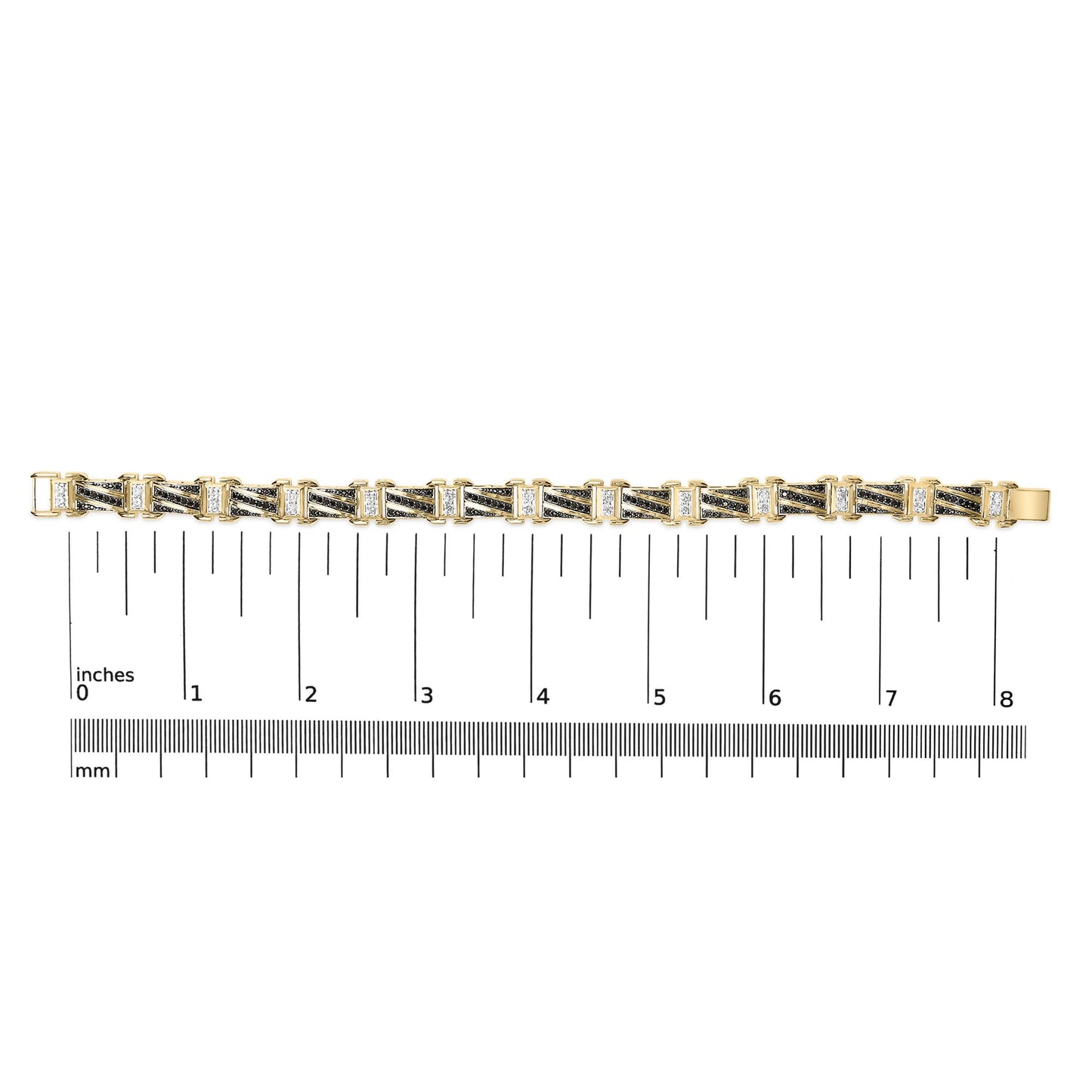 Yellow, white, and black bracelet with alternating black pavé-set and white prong-set round gemstones, shown flat on a ruler for scale, top-down view.