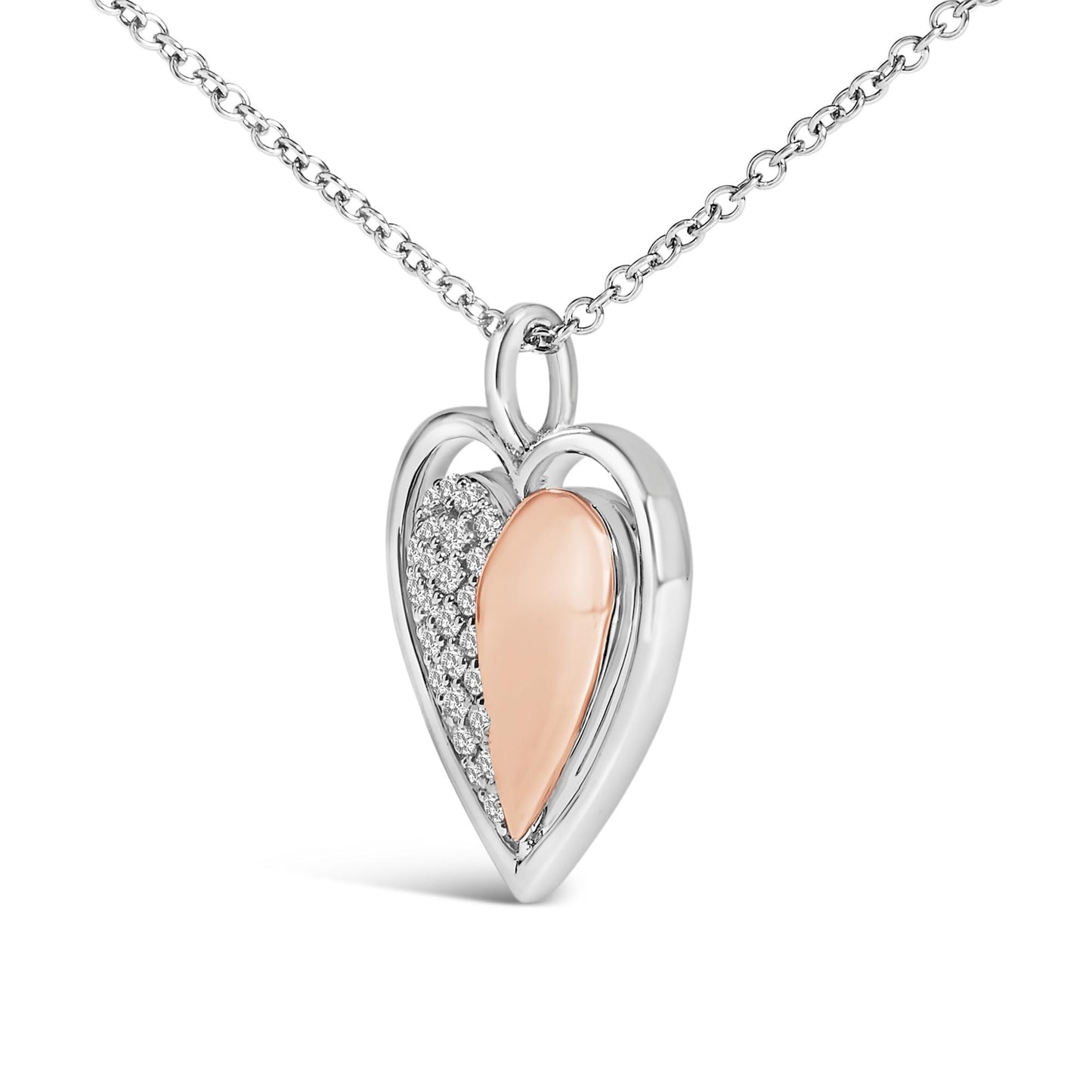 Close-up front angle of a heart-shaped necklace pendant with a white and rose-colored design, featuring one side adorned with small round white gemstones in a prong setting, hanging from a chain.
