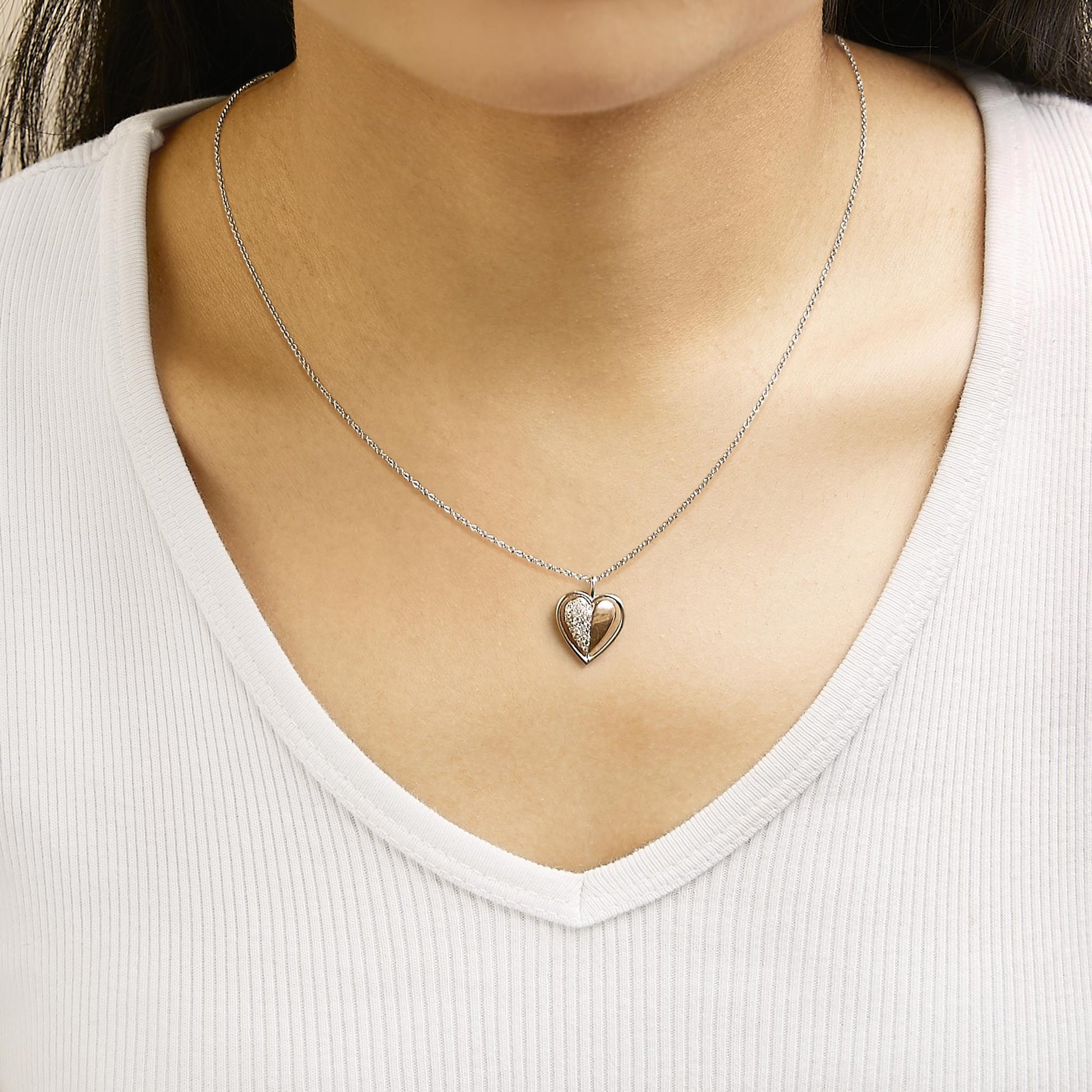 10K Rose Gold Plated Sterling Silver 1/5 Cttw Diamond Two-Tone Heart Pendant Necklace