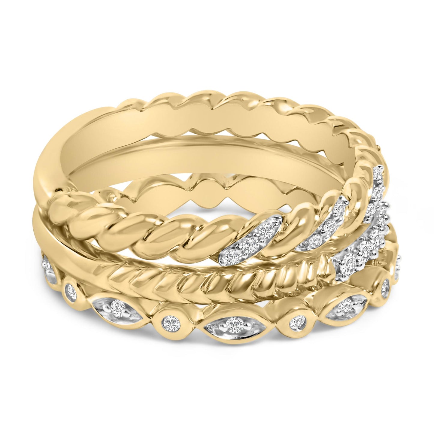 Close-up front angle of three stacked yellow and white rings featuring round white gemstones in a pave setting.
