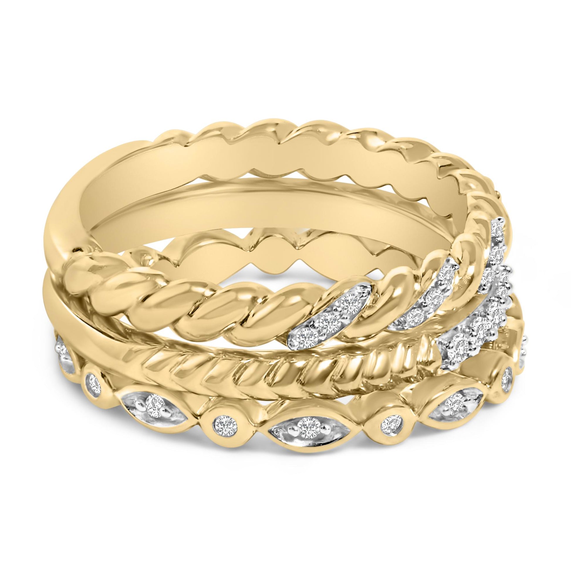 Close-up front angle of three stacked yellow and white rings featuring round white gemstones in a pave setting.