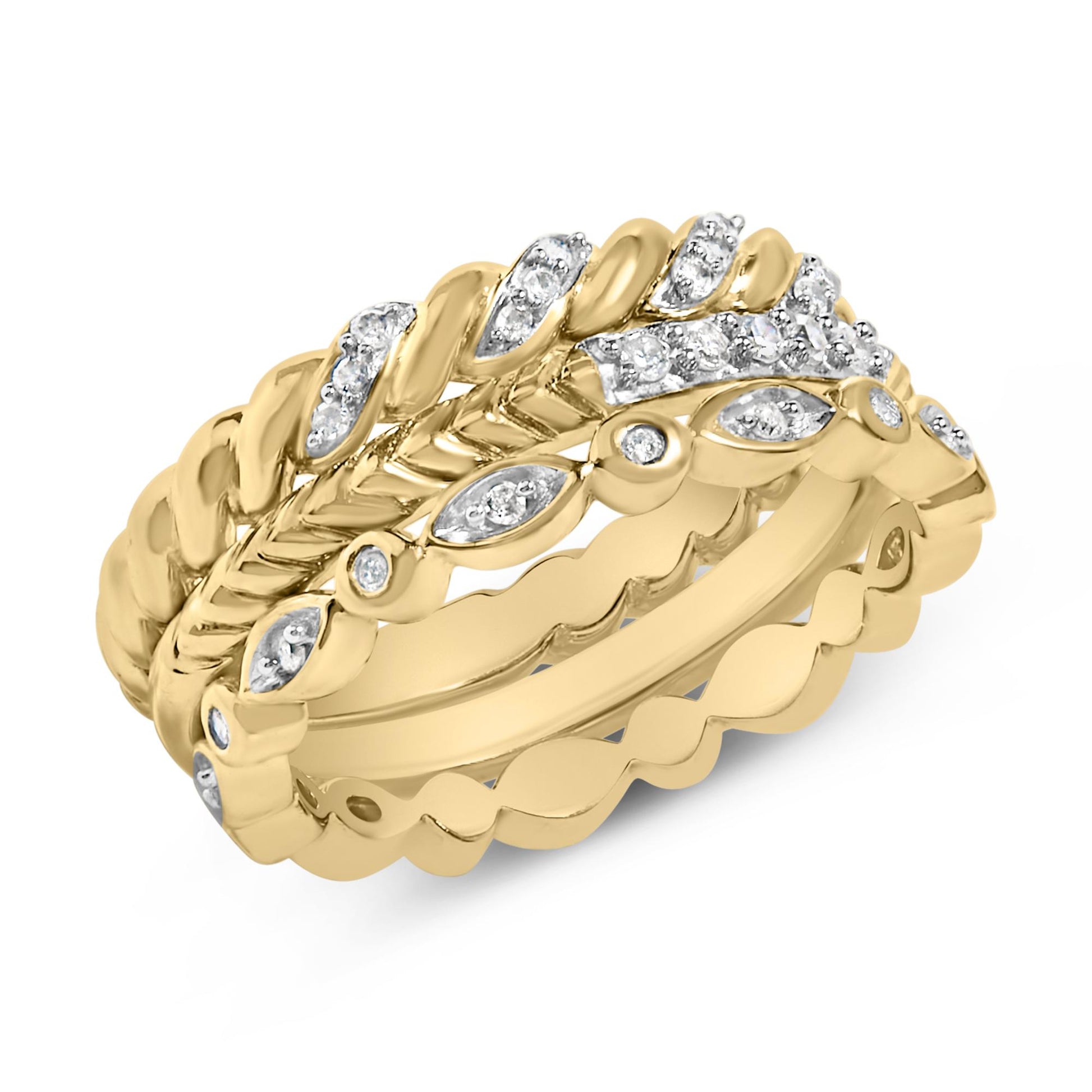 Close-up front angled view of a yellow and white metal ring featuring multiple intertwined bands, with round white gemstones set in a pave style along the bands.