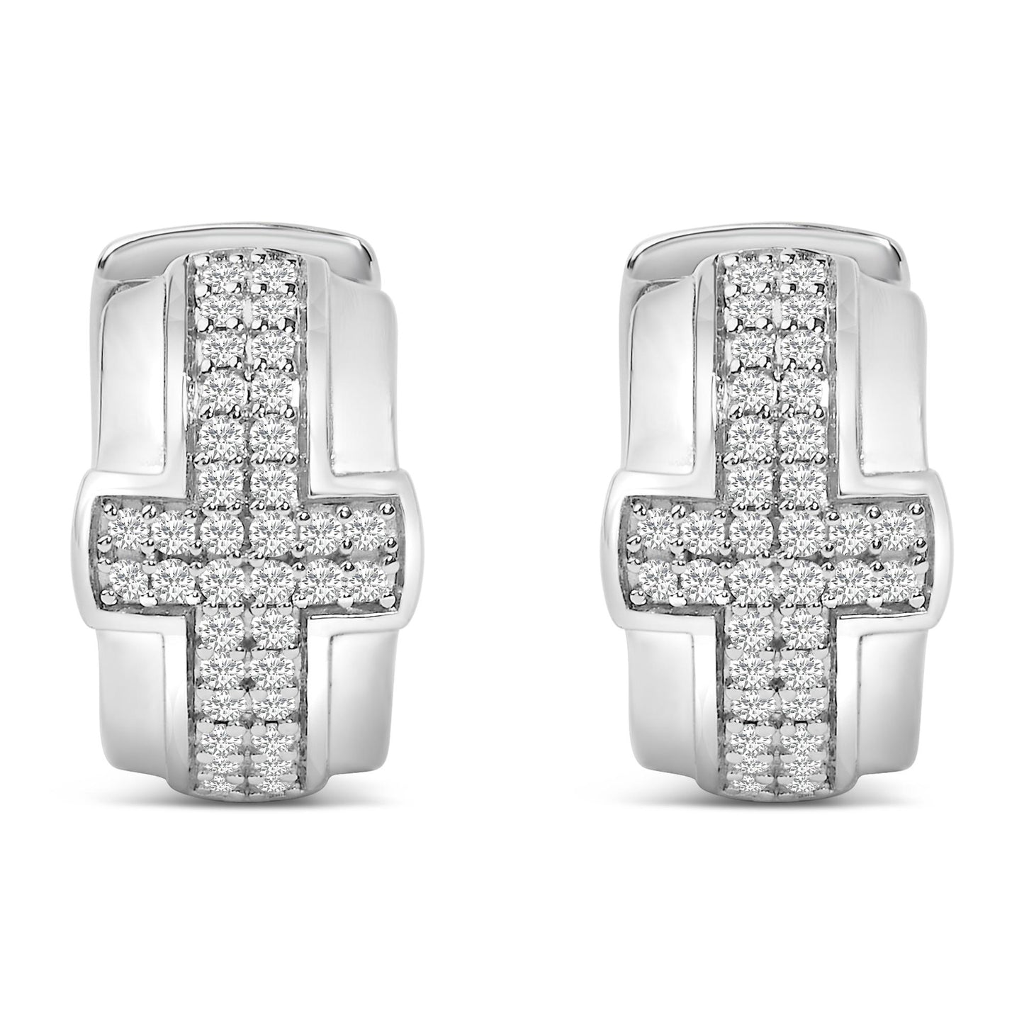 Front view of a pair of white metal earrings with a cross design paved with round white gemstones.