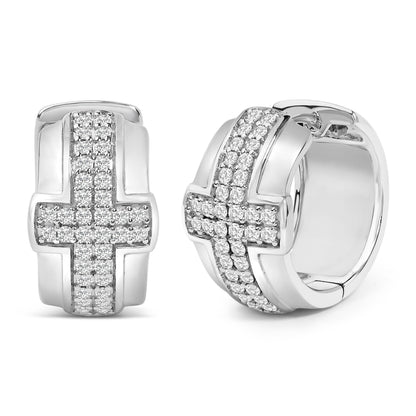 Pair of white metal hoop earrings with a cross design on the front, accented with round white gemstones in a pave setting, shown from front and angled side views on a white background.