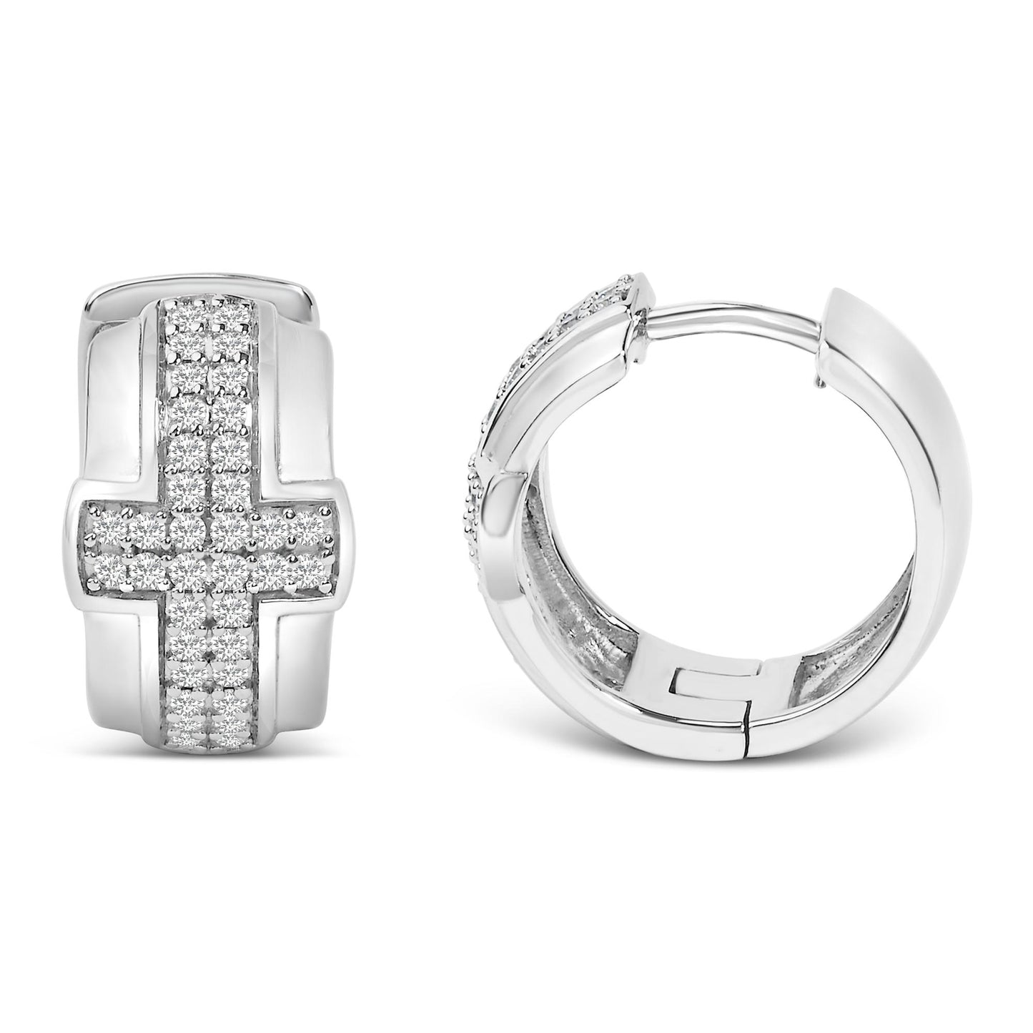 Close-up front and side view of a pair of white metal hoop earrings with a cross design inlaid with round white gemstones in a pave setting.