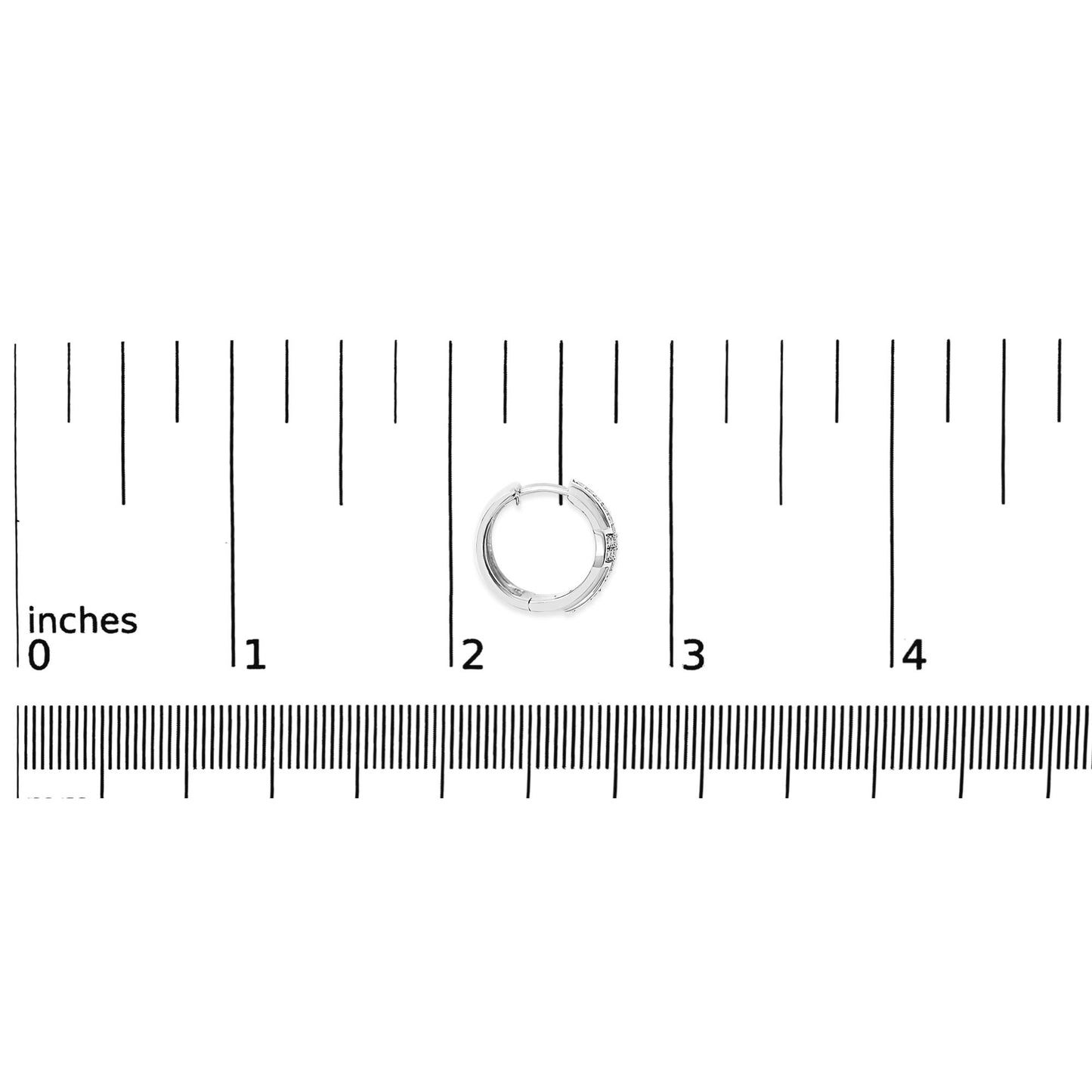 White metal hoop earring with round white gemstones in pave setting, shown on a scale from top view.