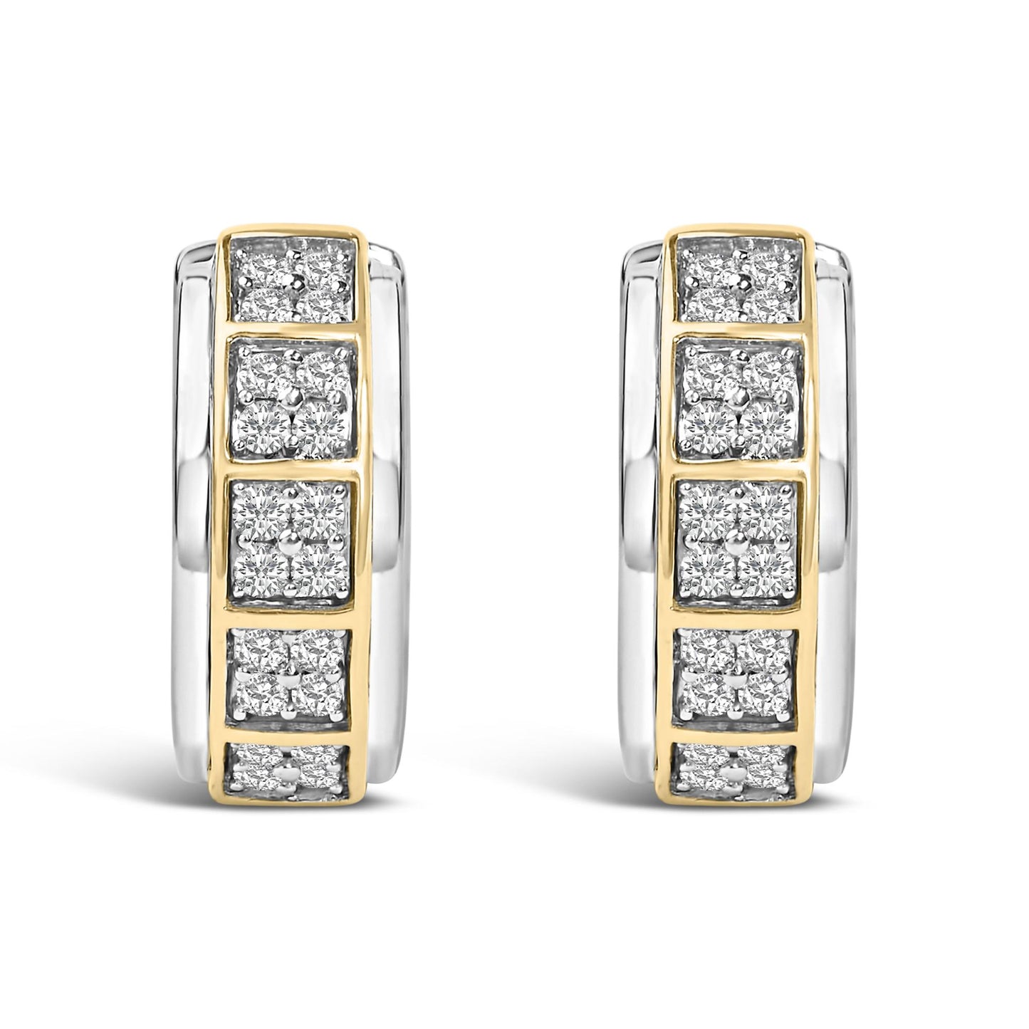 Front view of a pair of hoop earrings with alternating yellow and white metal sections, featuring multiple clusters of round white gemstones in prong settings along the front.
