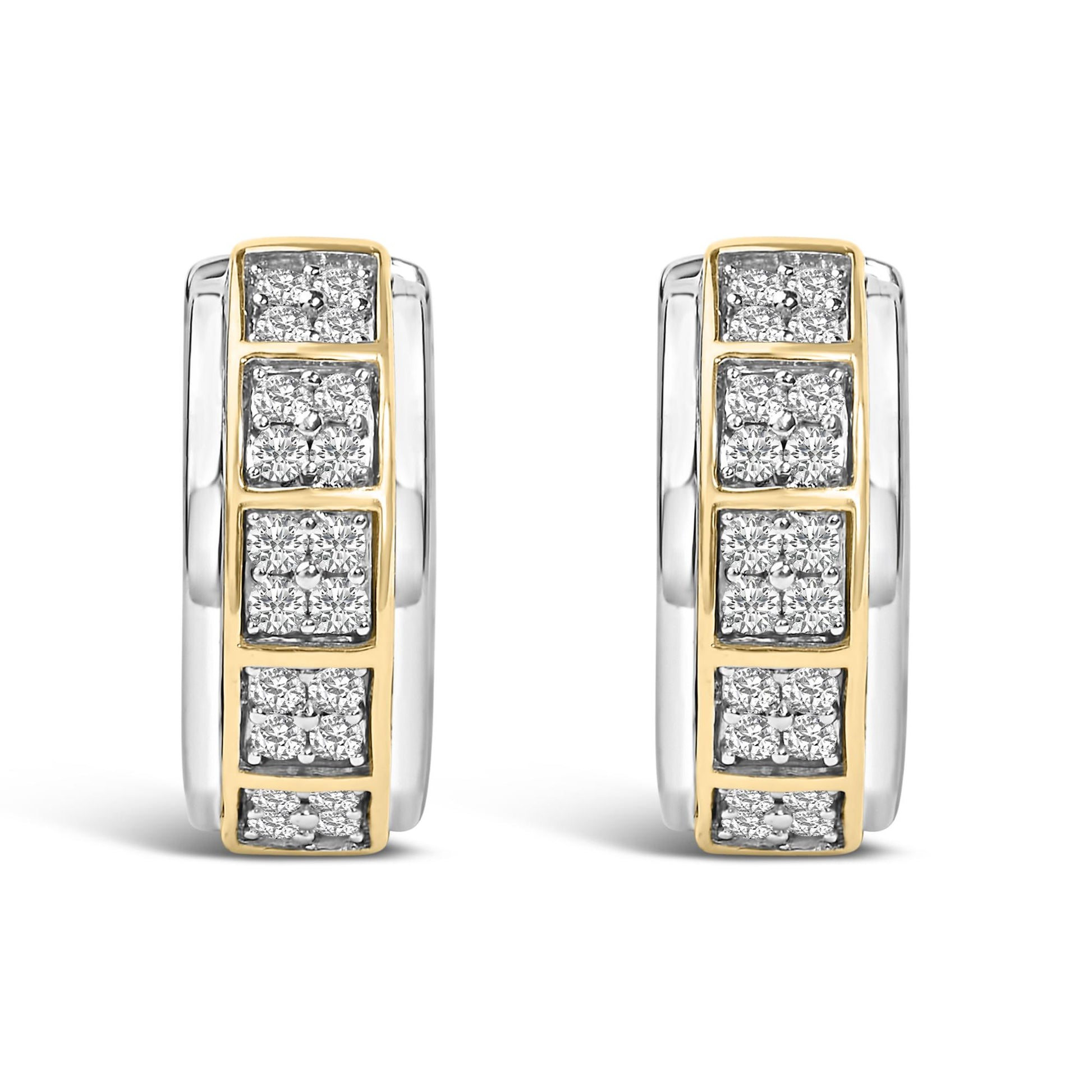 Front view of a pair of hoop earrings with alternating yellow and white metal sections, featuring multiple clusters of round white gemstones in prong settings along the front.