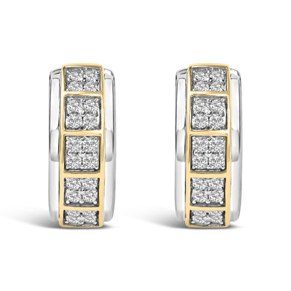 Front view of a pair of hoop earrings with alternating yellow and white metal sections, featuring multiple clusters of round white gemstones in prong settings along the front.