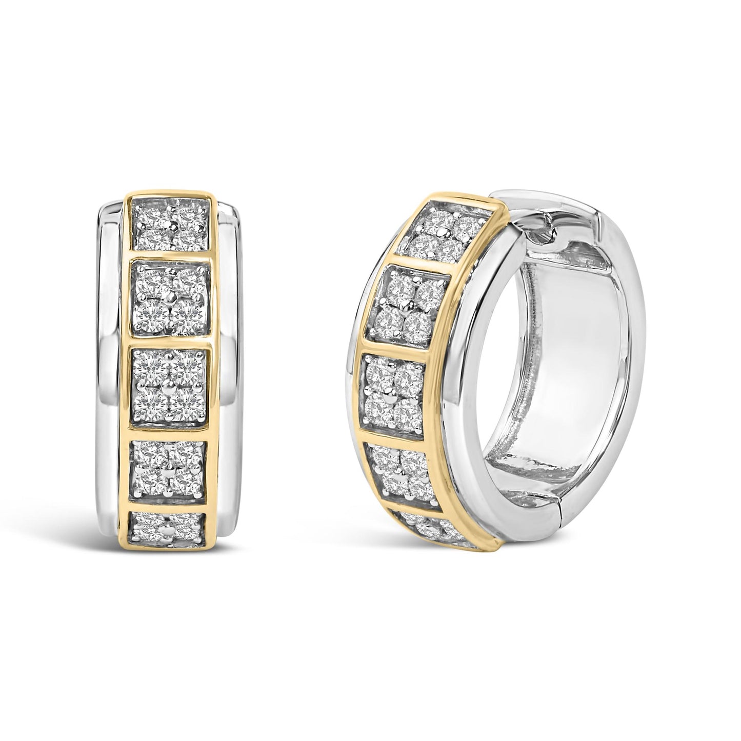 Pair of hoop earrings shown from front and angled side, featuring white and yellow metal with sections of round white gemstones set in prongs.