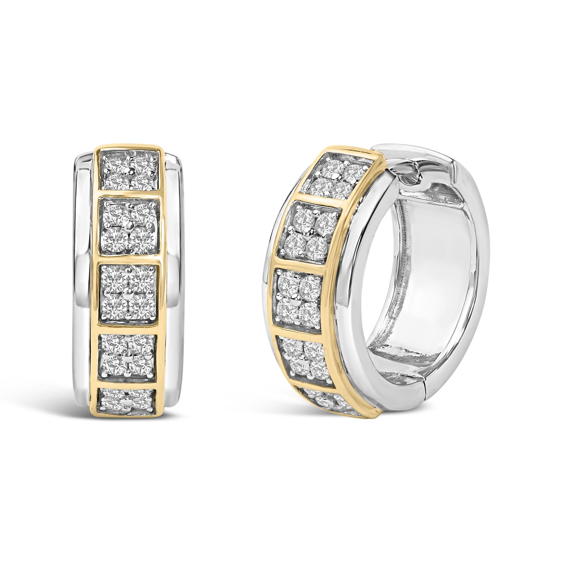 Pair of hoop earrings shown from front and angled side, featuring white and yellow metal with sections of round white gemstones set in prongs.
