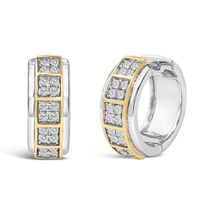 Pair of hoop earrings shown from front and angled side, featuring white and yellow metal with sections of round white gemstones set in prongs.