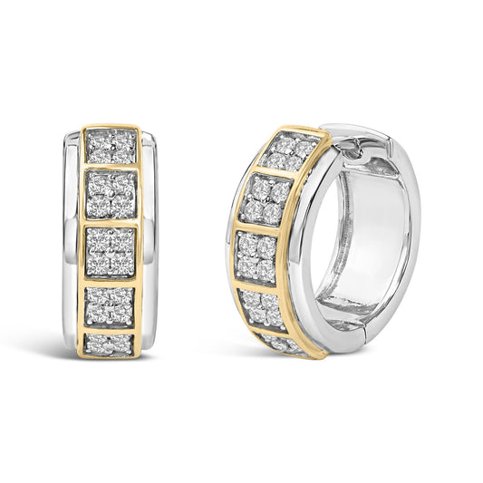 Pair of hoop earrings shown from front and angled side, featuring white and yellow metal with sections of round white gemstones set in prongs.