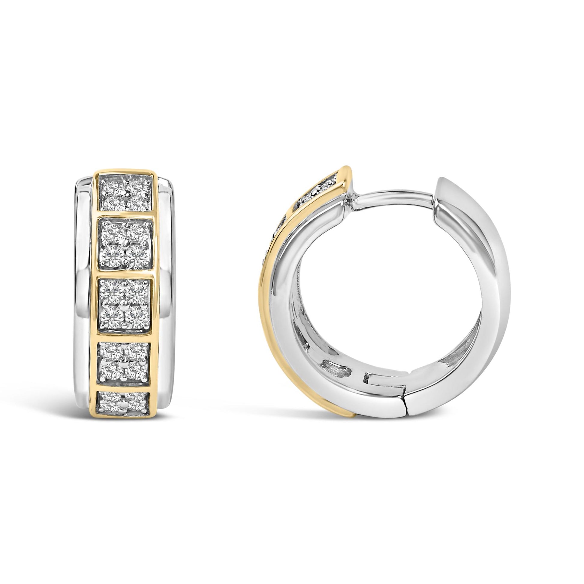 Front and side view of a pair of hoop earrings with alternating yellow and white metal sections, each featuring square clusters of prong-set round white gemstones, shown on a white background.