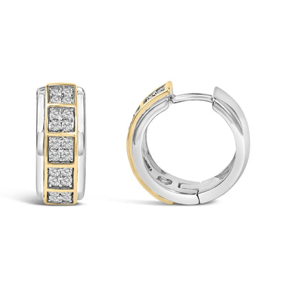Front and side view of a pair of hoop earrings with alternating yellow and white metal sections, each featuring square clusters of prong-set round white gemstones, shown on a white background.