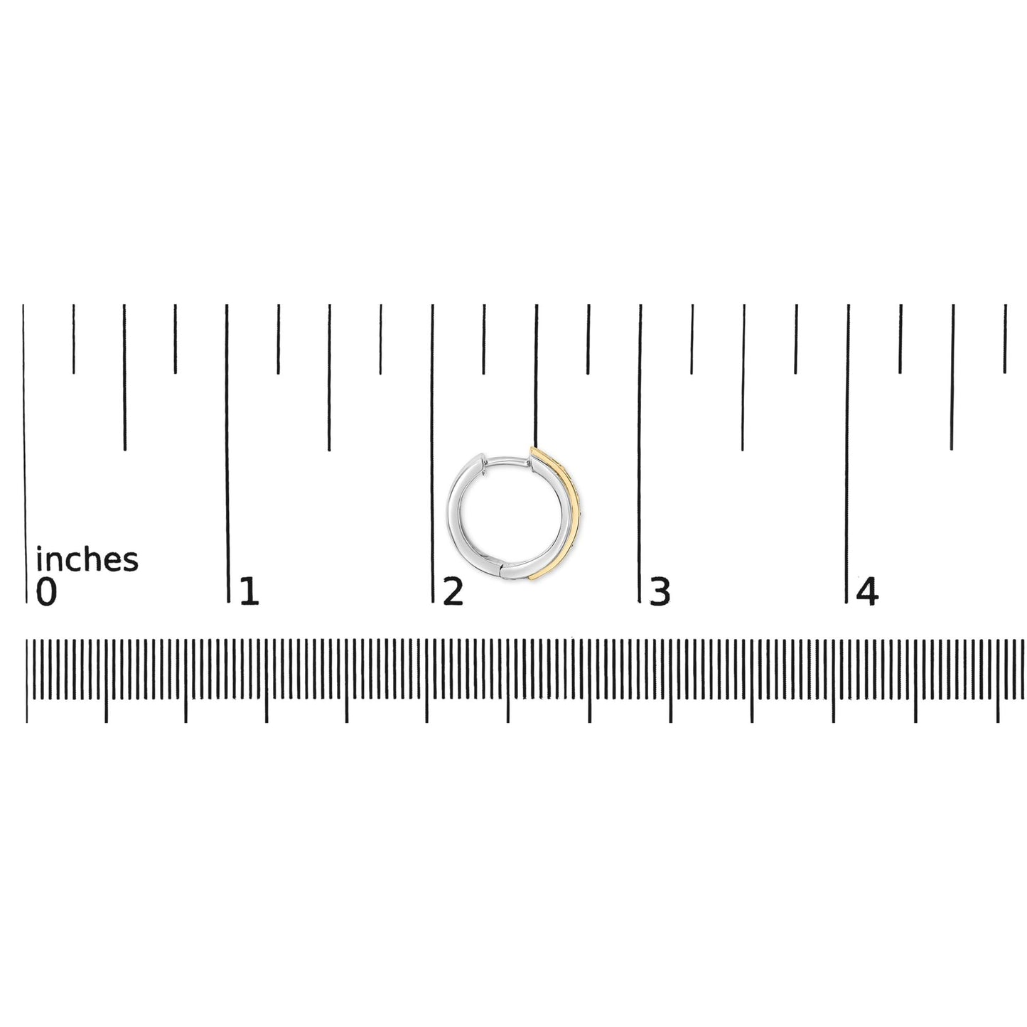 Alt text: Single two-tone hoop earring with white and yellow metal sections shown flat on a ruler scale, front-facing angle.