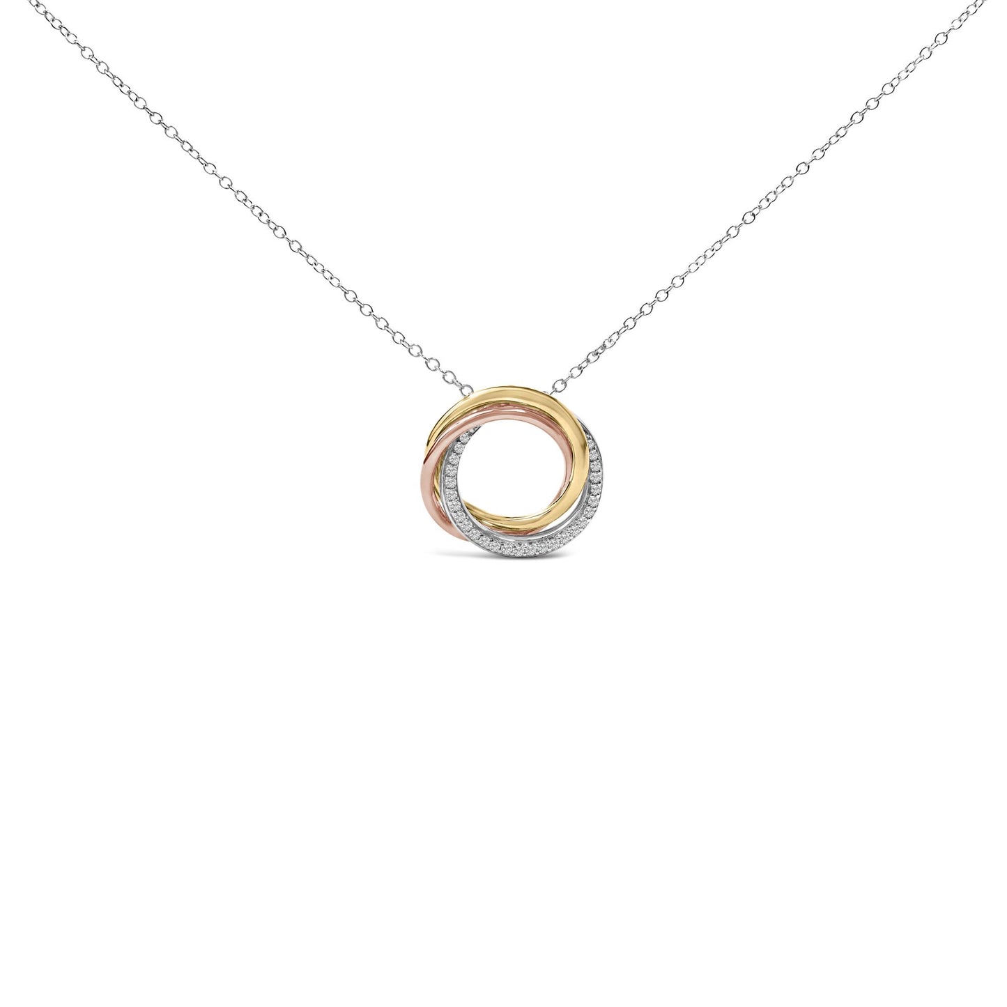 Front view of a white metal necklace with an interlocking circular pendant featuring three bands, one band set with white round gemstones.