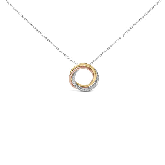 Front view of a white metal necklace with an interlocking circular pendant featuring three bands, one band set with white round gemstones.