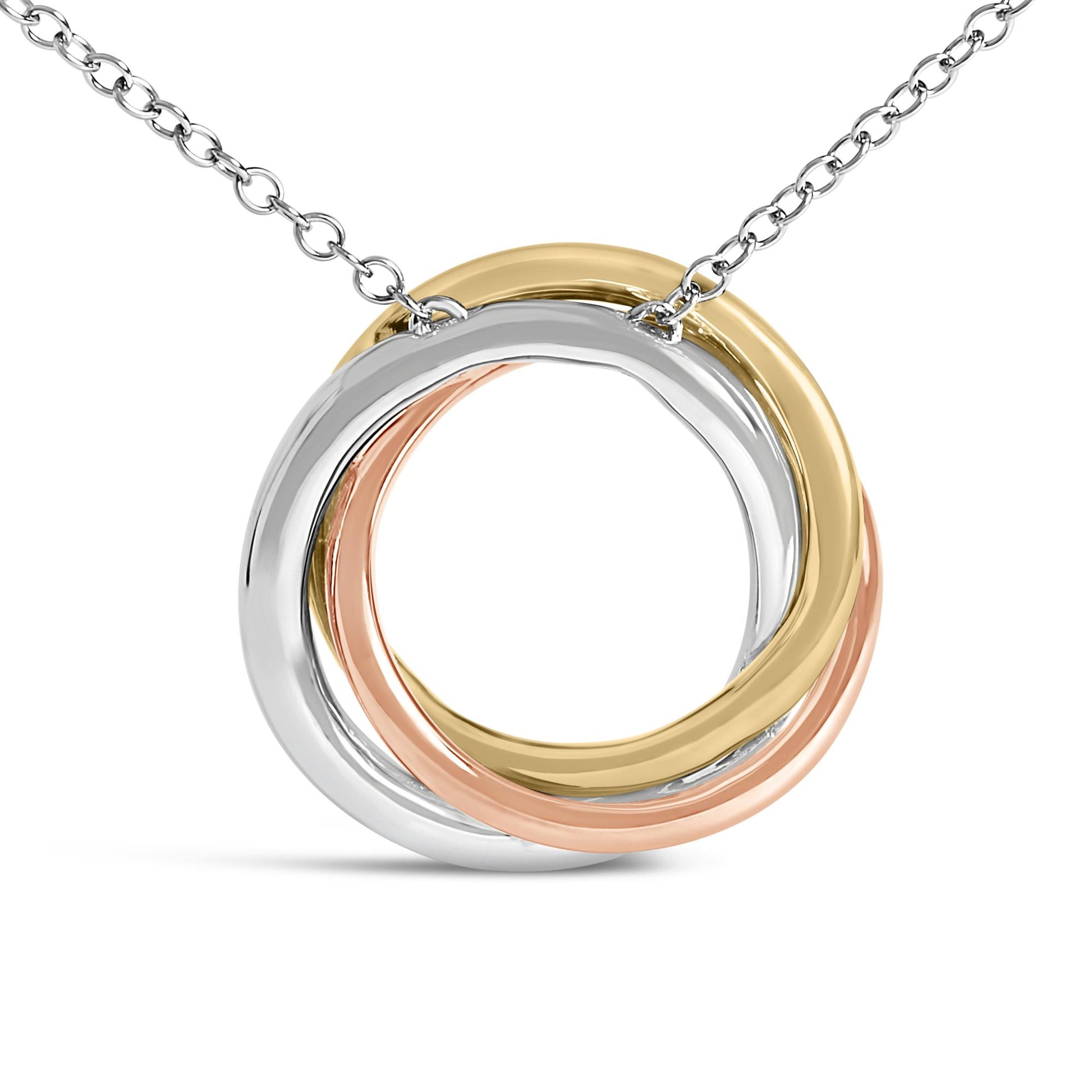 Close-up front view of a white metal necklace featuring interlocking white, yellow, and rose-tone circular rings, displayed on a white background.