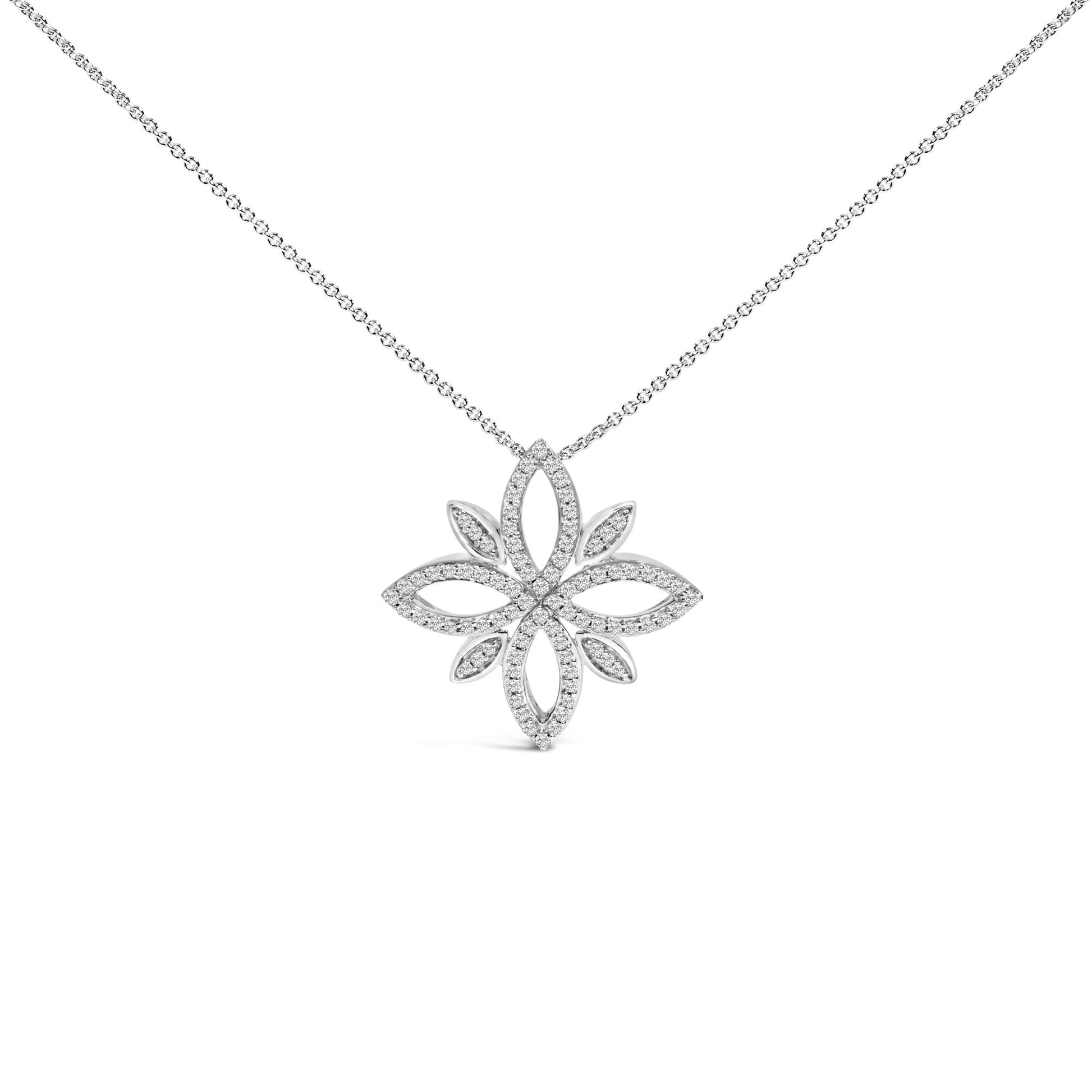 Front-facing close-up of a white metal necklace with a flower-shaped pendant featuring round white gemstones in prong settings.