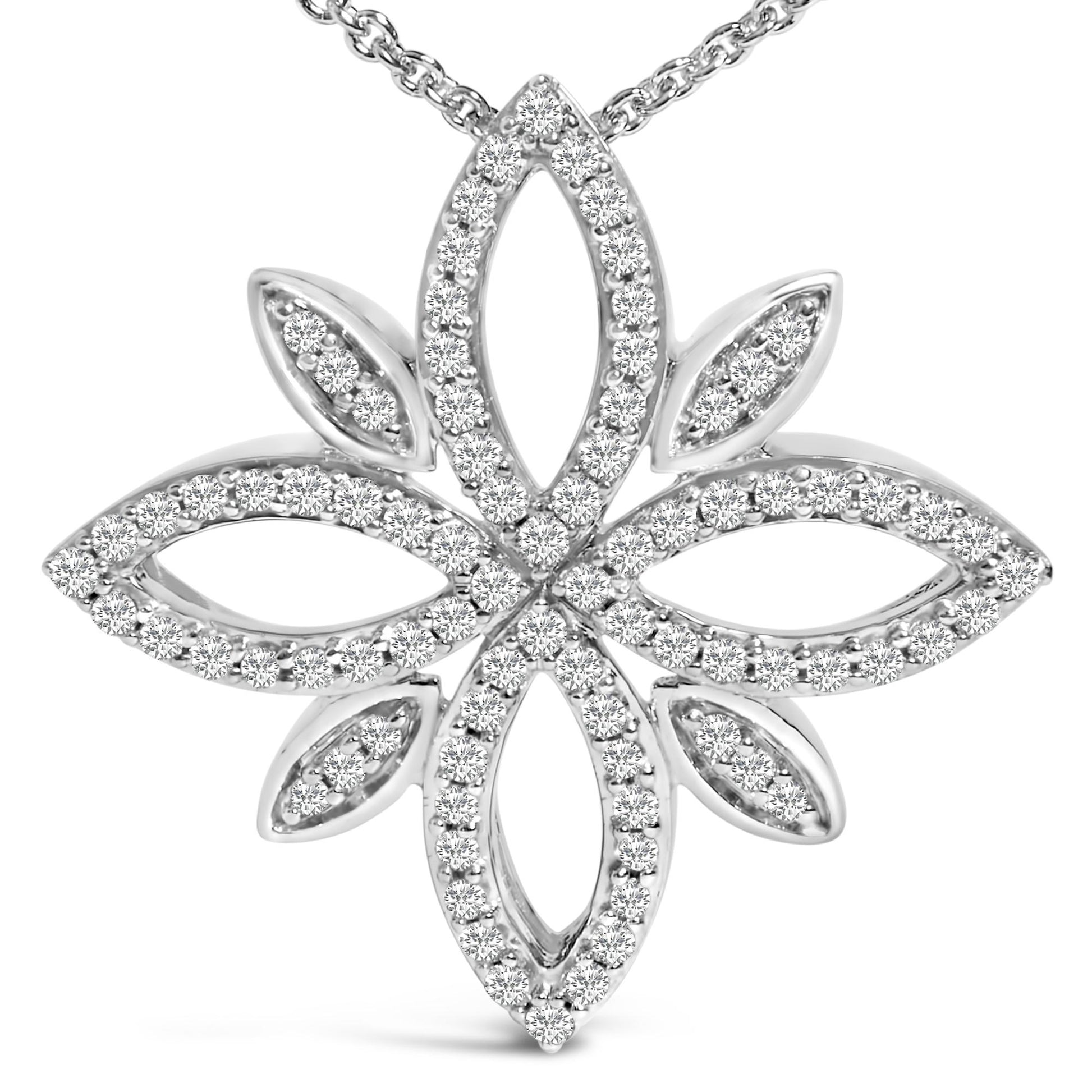 Close-up front view of a white metal necklace pendant shaped like a symmetrical flower with open marquise-shaped loops, outlined with round white gemstones in prong settings.