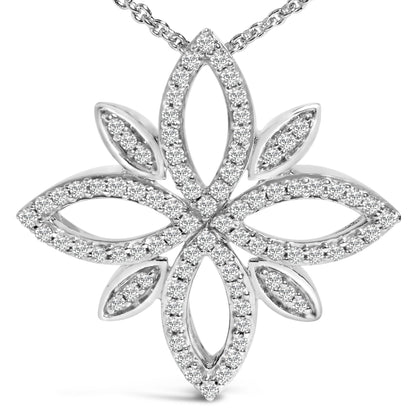 Close-up front view of a white metal necklace pendant shaped like a symmetrical flower with open marquise-shaped loops, outlined with round white gemstones in prong settings.