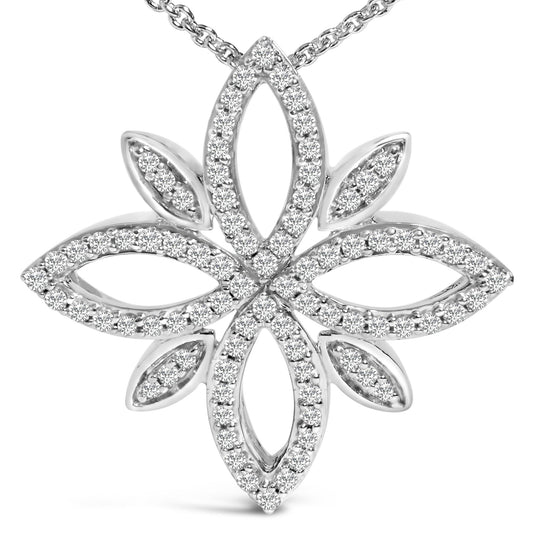 Close-up front view of a white metal necklace pendant shaped like a symmetrical flower with open marquise-shaped loops, outlined with round white gemstones in prong settings.