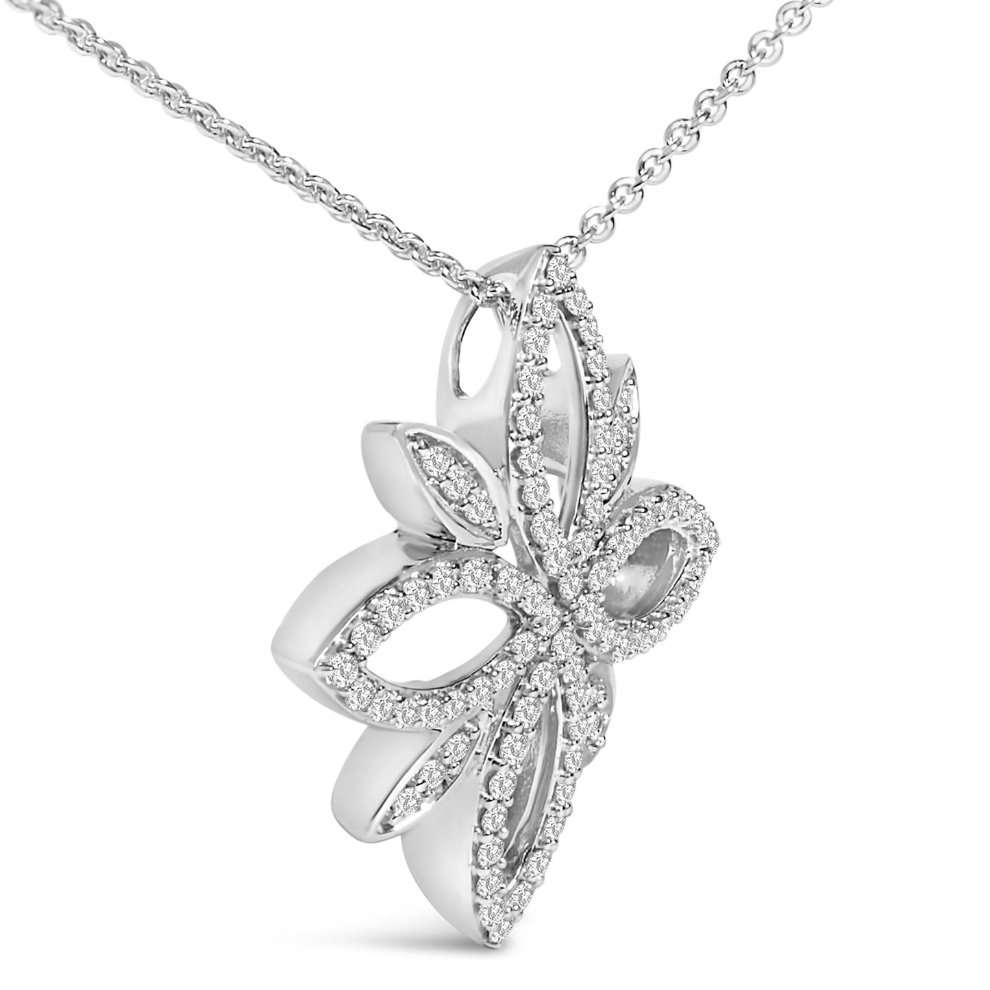 Close-up front angle of a white metal necklace pendant shaped like an abstract flower with petal outlines adorned with round white gemstones in prong settings.