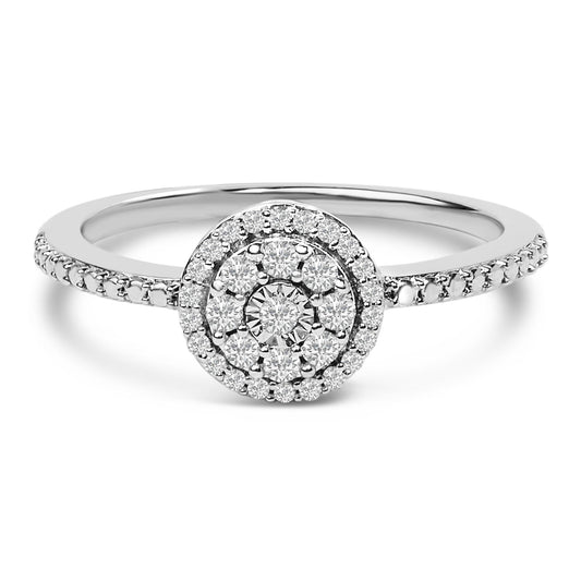Close-up front angle of a white metal ring with a central round cluster of white gemstones in prong settings, surrounded by two concentric circles of smaller white gemstones and additional gemstones along the band.