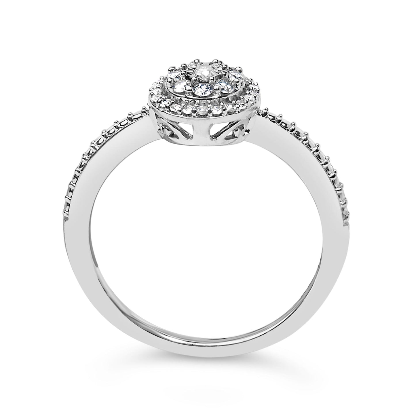 White metal ring with round white gemstones in prong settings on the band and a raised circular cluster, shown from a side angle.