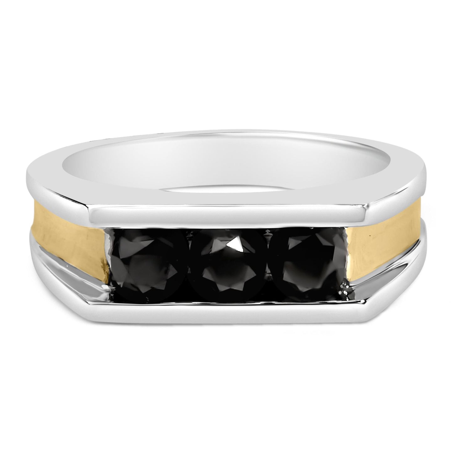 Close-up front view of a ring featuring yellow, white, and black metal colors with three round black gemstones in a channel setting.