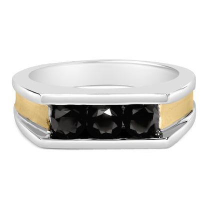 Close-up front view of a ring featuring yellow, white, and black metal colors with three round black gemstones in a channel setting.