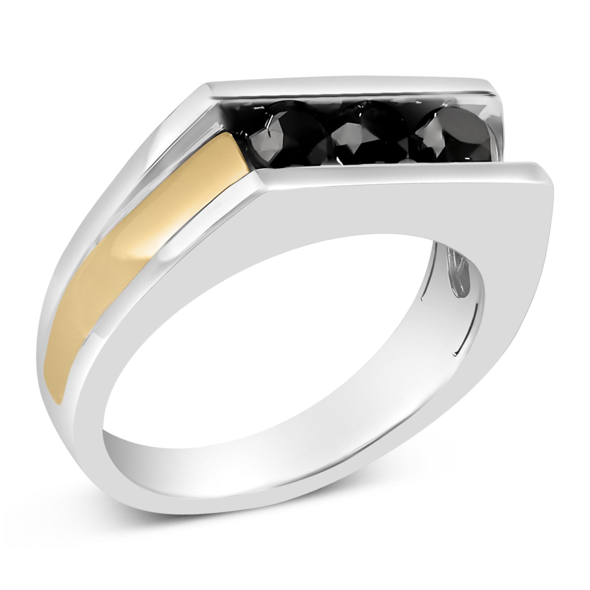Ring shown in a front angled view featuring yellow and white metal colors with three round black gemstones set in a channel setting.