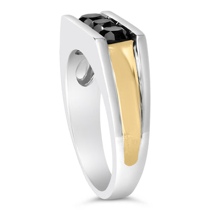 Close-up angled view of a ring with white, yellow, and black metal tones featuring three round black gemstones in a channel setting on top.