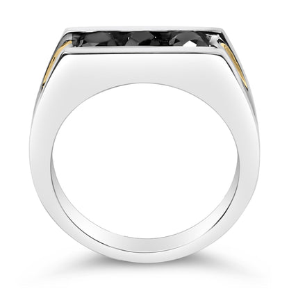 Front view of a ring with a flat top, featuring a channel setting with round black gemstones, and yellow accents on the sides. The ring band is shown in white color.