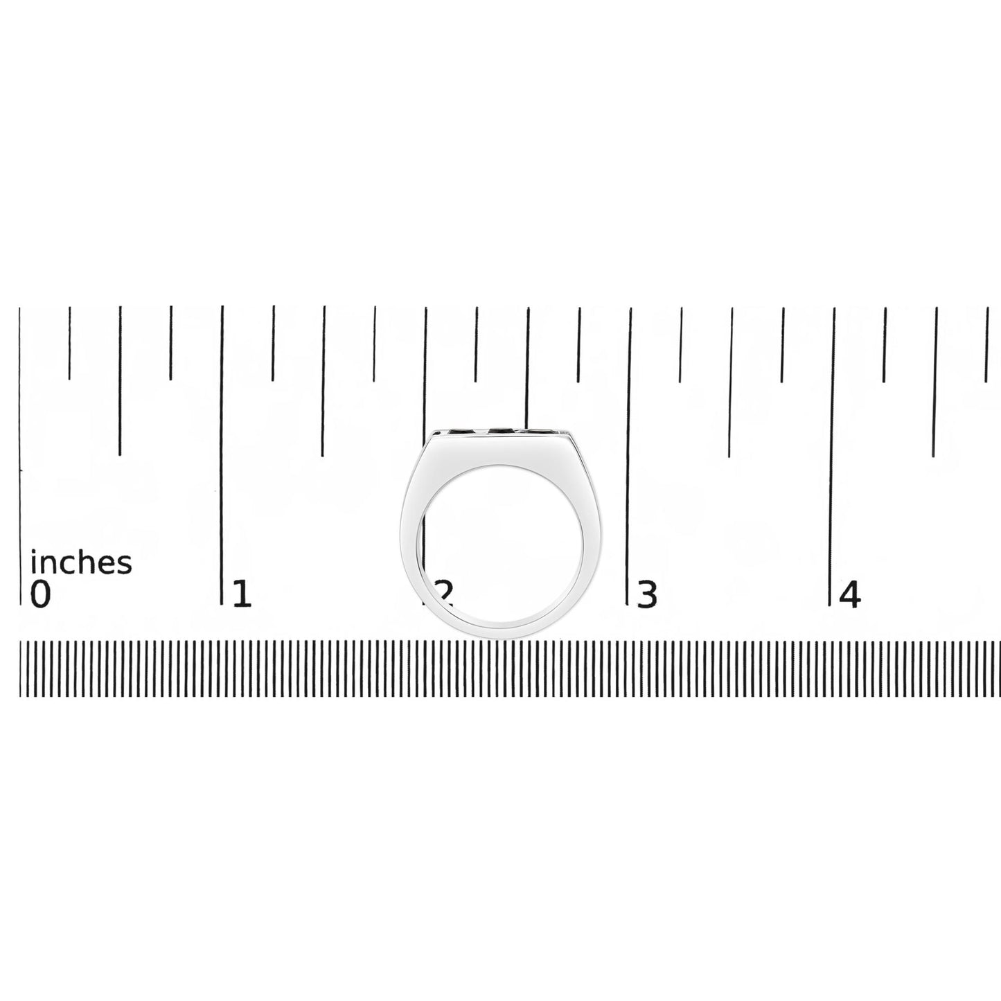 Ring in yellow, white, and black metal colors with three round black gemstones in a channel setting, shown on a measurement scale from the side angle.