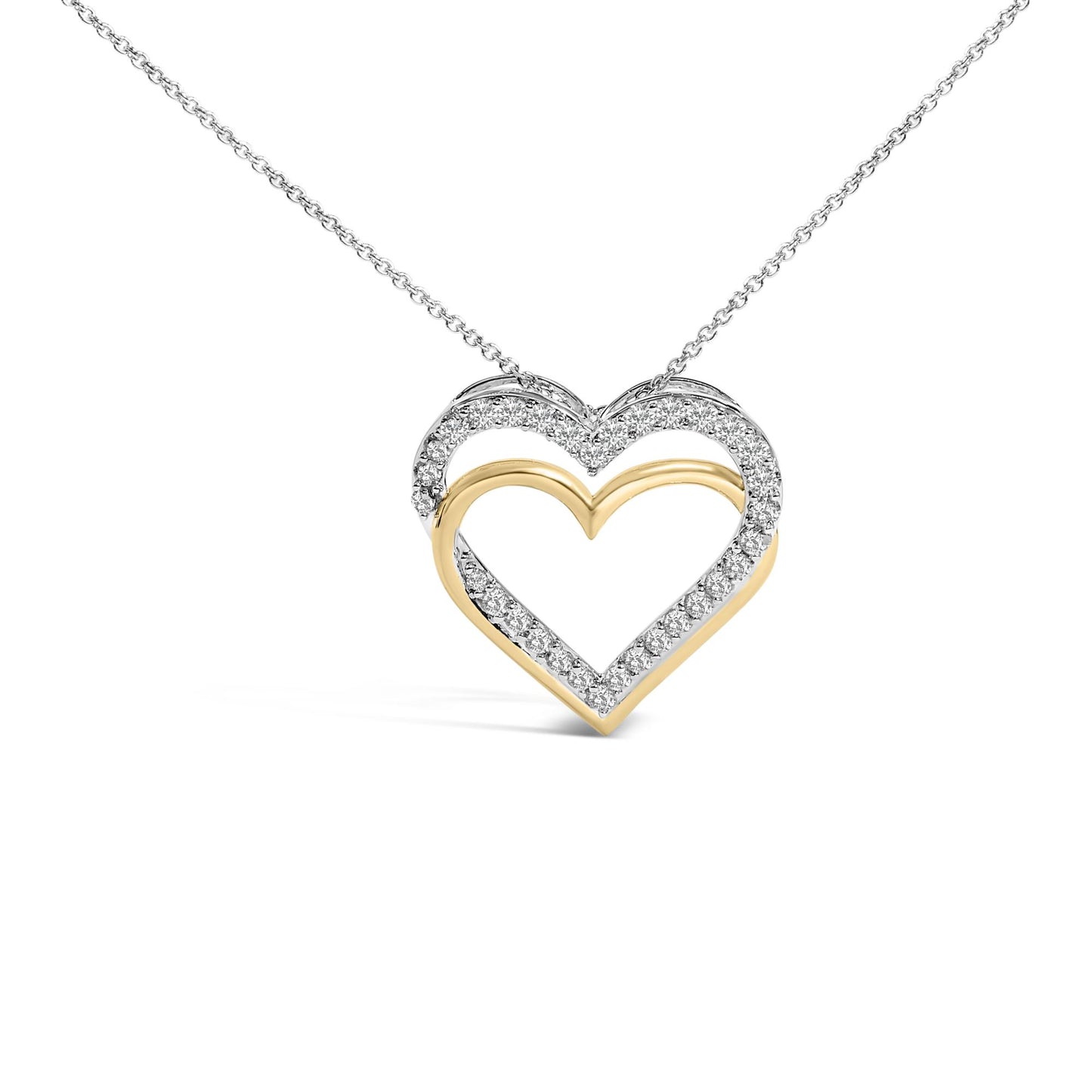 14K Yellow Gold Plated Sterling Silver 1.00 Cttw Diamond Double Heart Pendant Necklace