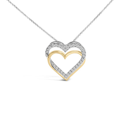 14K Yellow Gold Plated Sterling Silver 1.00 Cttw Diamond Double Heart Pendant Necklace