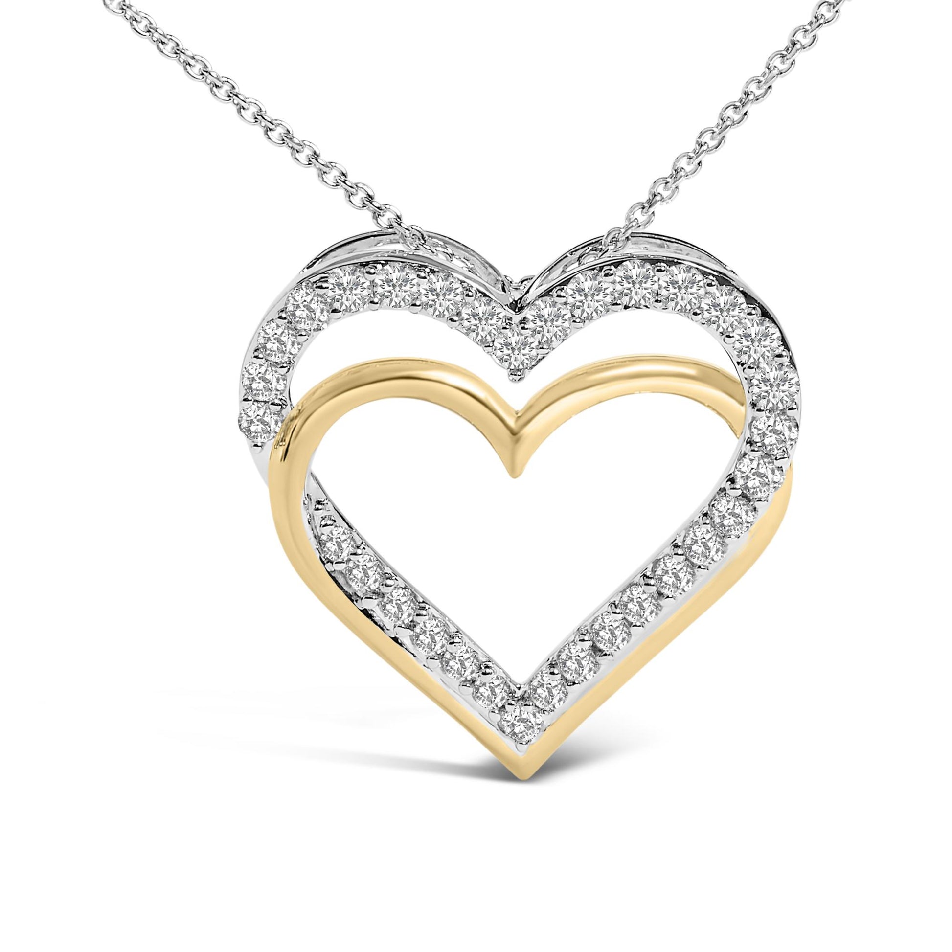 14K Yellow Gold Plated Sterling Silver 1.00 Cttw Diamond Double Heart Pendant Necklace